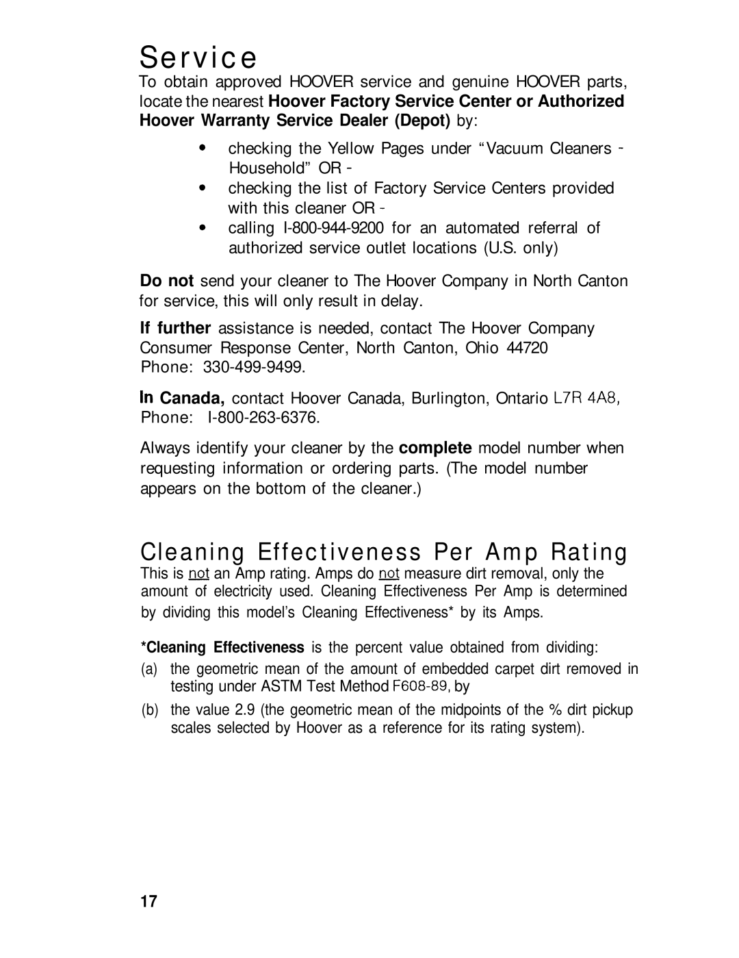 Hoover 53391, 53395 manual Service, Cleaning Effectiveness Per Amp Rating 