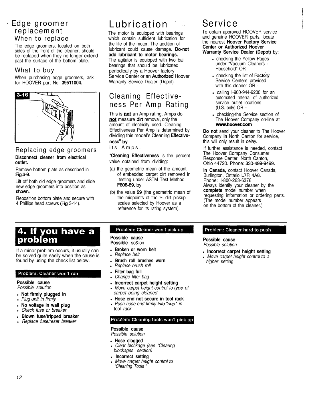 Hoover 53425 owner manual Replacing edge groomers 