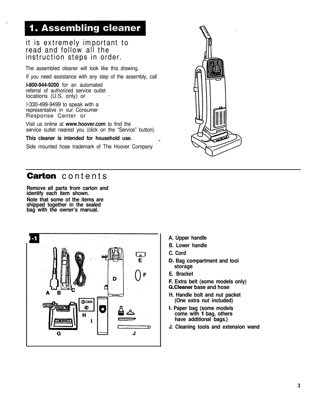 Hoover 53425 owner manual Cart6n contents 