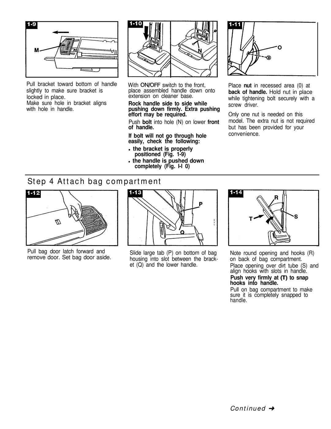 Hoover 53425 owner manual Attach bag compartment, Push bolt into hole N on lower front of handle 