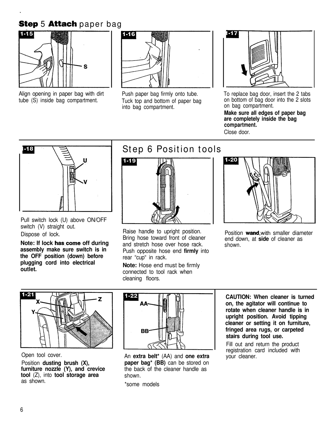 Hoover 53425 owner manual Sqep 5 AHach paper bag, Rotate when cleaner handle is, Cleaner or setting it on furniture 