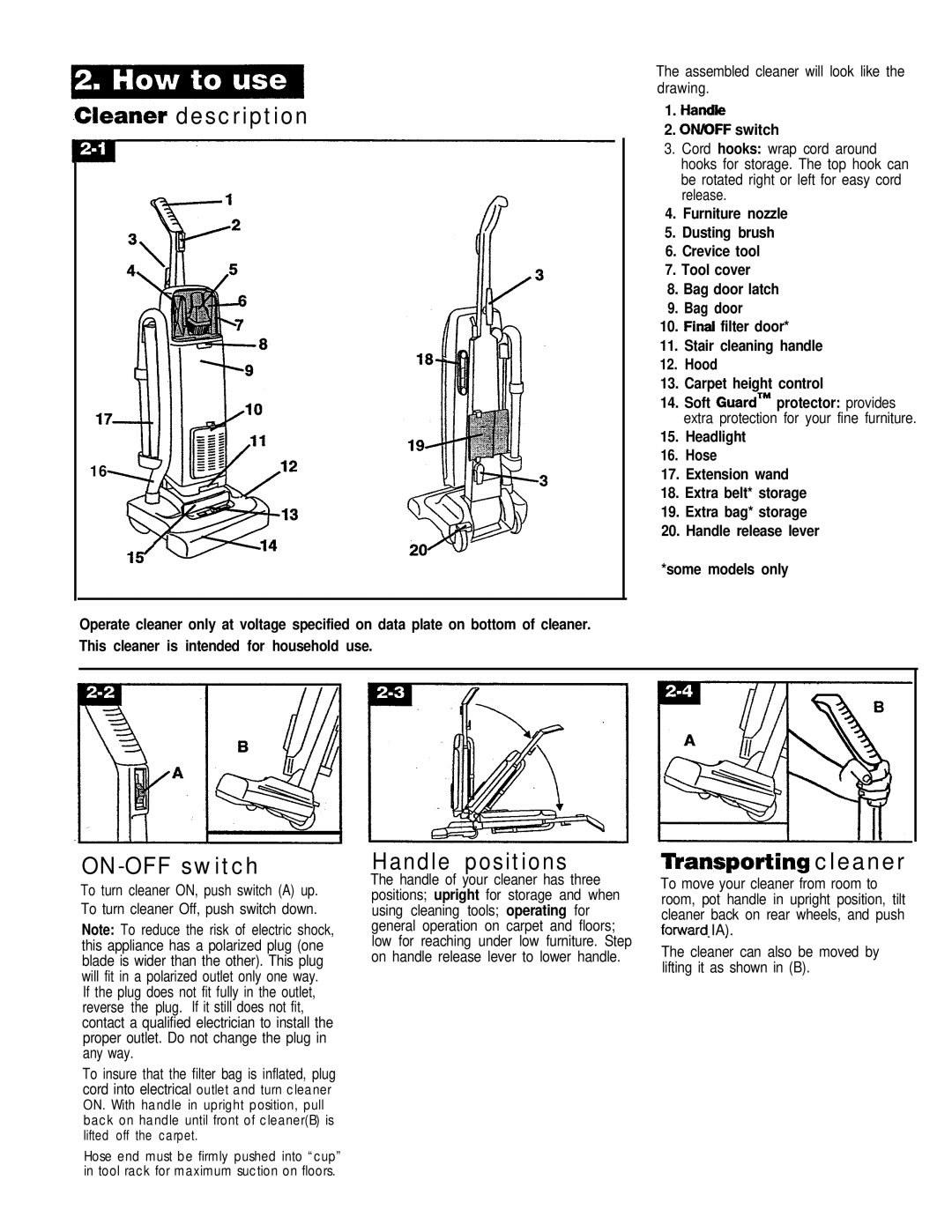 Hoover 53425 owner manual Cleaner description, ON-OFF switch, Handle positions, TLansporting cleaner, Handte Onidff switch 
