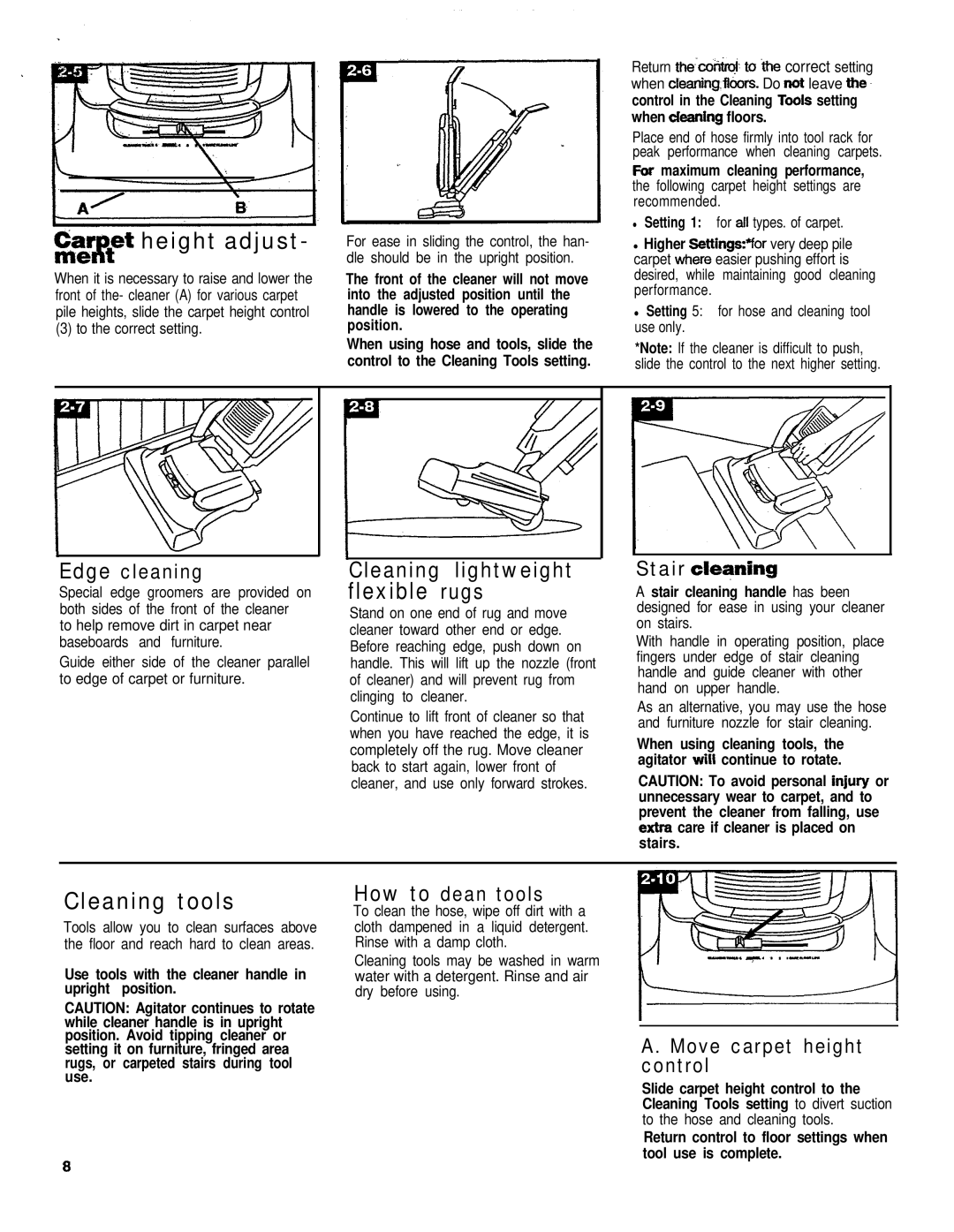 Hoover 53425 owner manual $sr&et height adjust, Cleaning tools 