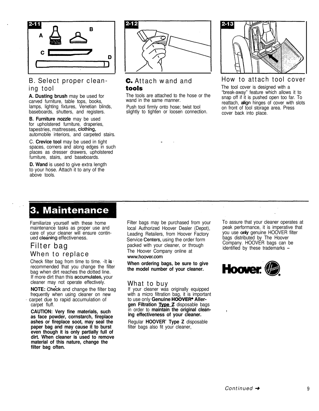 Hoover 53425 owner manual Filter bag 