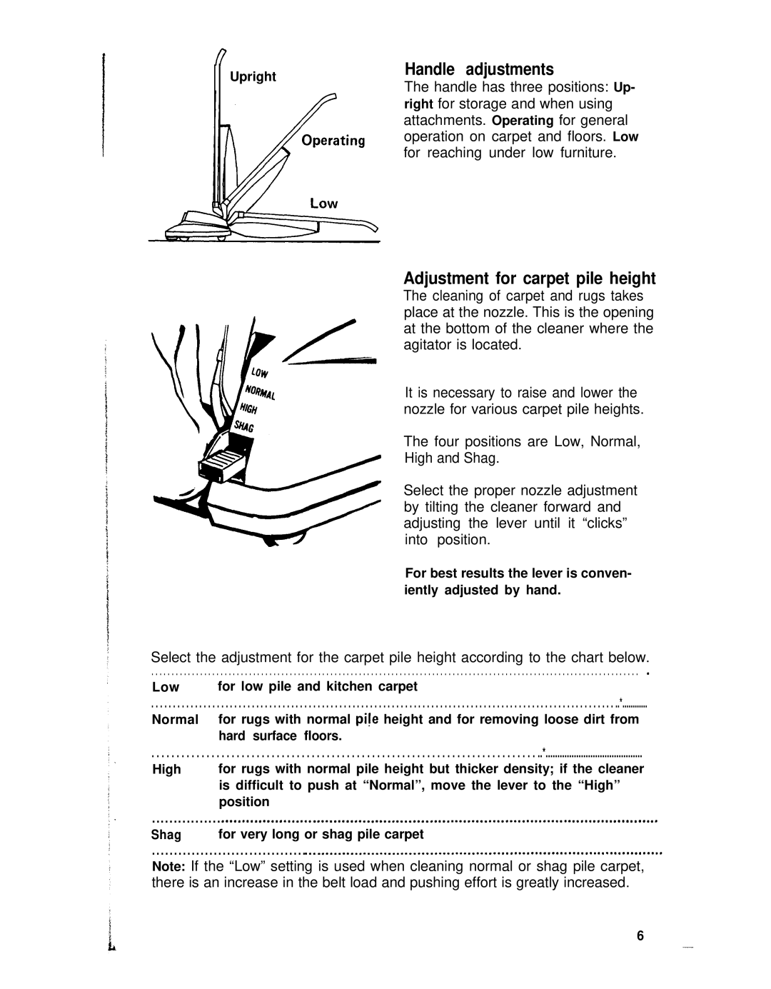 Hoover 53441, 53439 manual Handle adjustments, Adjustment for carpet pile height 