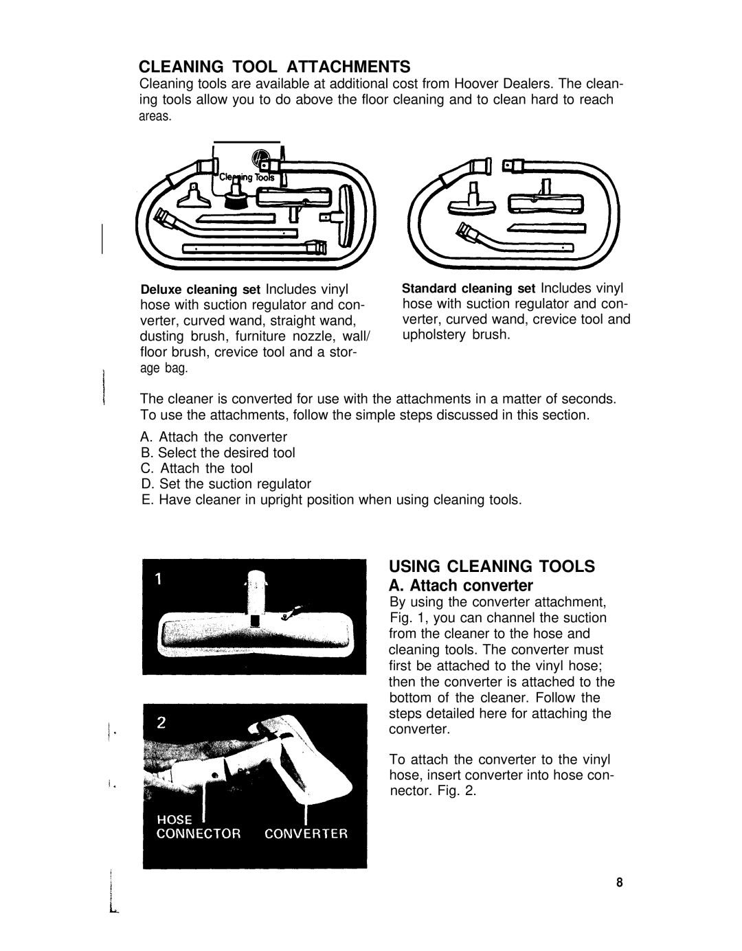 Hoover 53441, 53439 manual Cleaning Tool Attachments, Using Cleaning Tools, Attach converter 