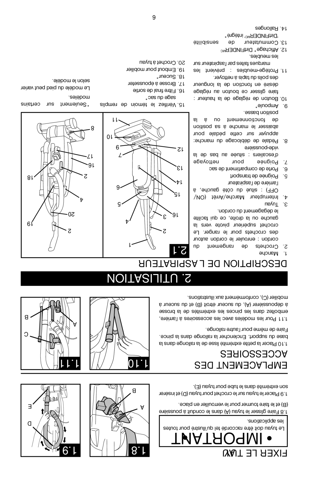 Hoover 56511A46 manual TilisationU.2, Tu le ixerF, ’aspirateur de riptionDesc, Essoirescca, Emplaes 