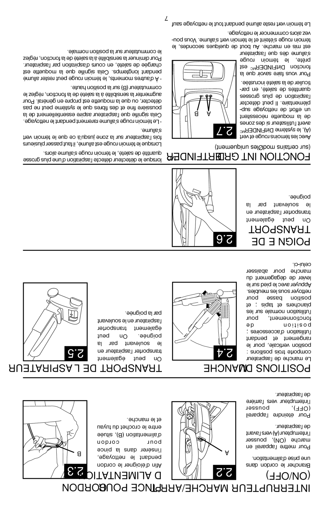 Hoover 56511A46 manual Transport, ’aspirateur de ransportT, Ordonc PourPince Mar nterrupteurI, FINDERirt, Duche ositionsP 