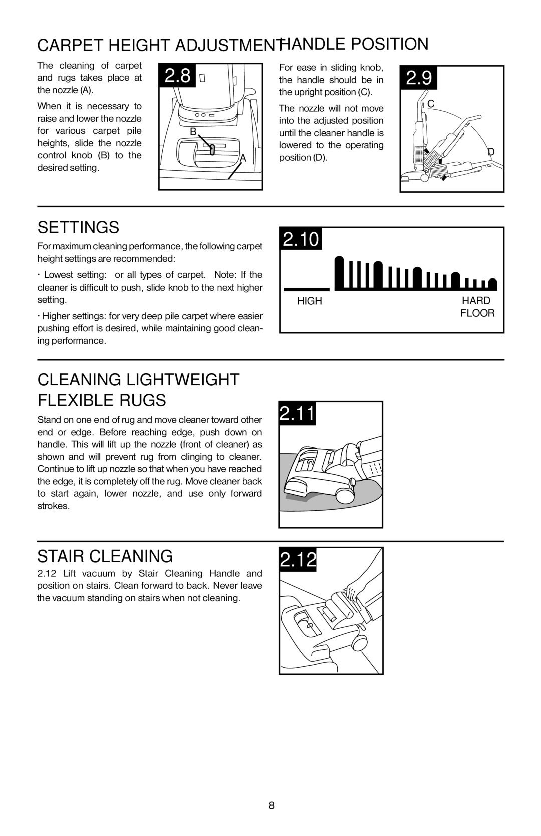 Hoover 56511A46 Carpet height adjustment Handle position, Settings, Cleaning lightweight flexible rugs, Stair Cleaning 