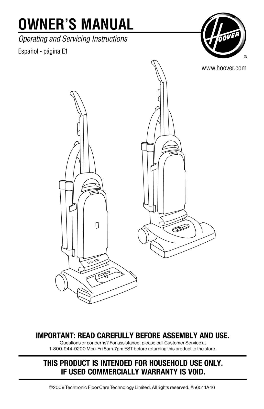 Hoover 56511A46 manual If Used Commercially Warranty is Void 