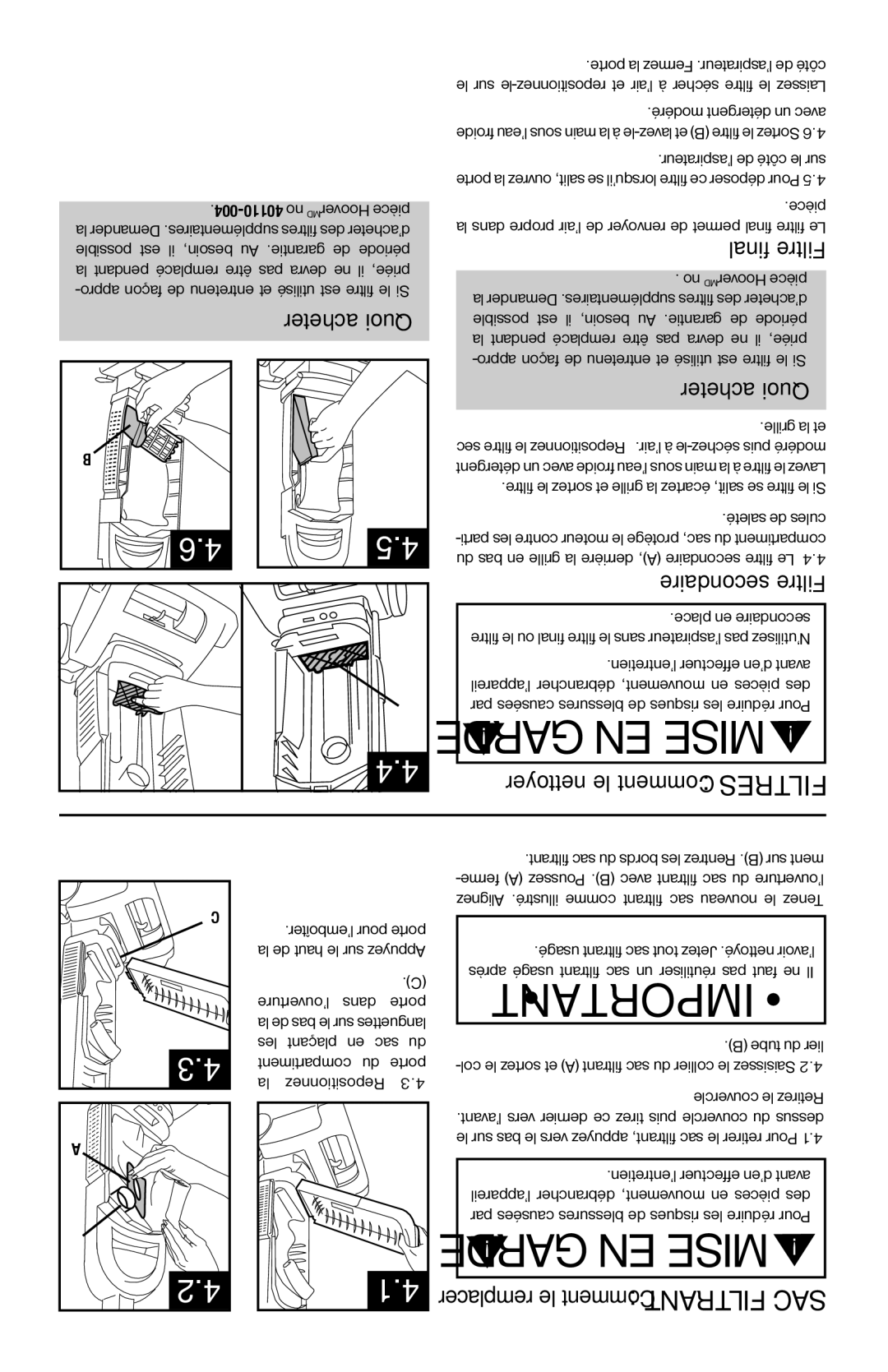 Hoover 56511A46 manual Nettoyer le Comment, Final iltreF, Secondaire iltreF 