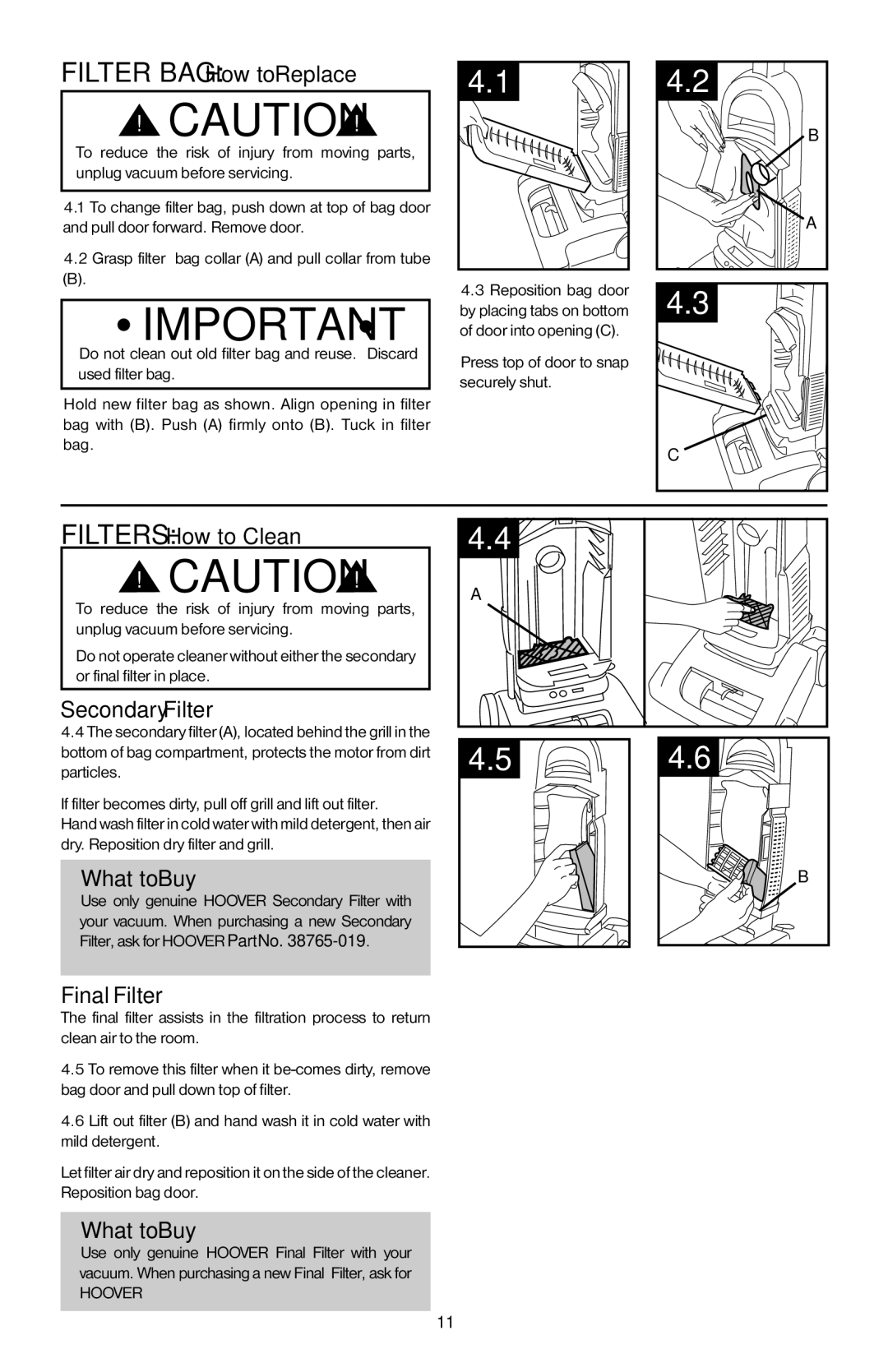 Hoover 56511A46 manual Filter bag How to Replace, Filters How to Clean, Secondary Filter, Final Filter 