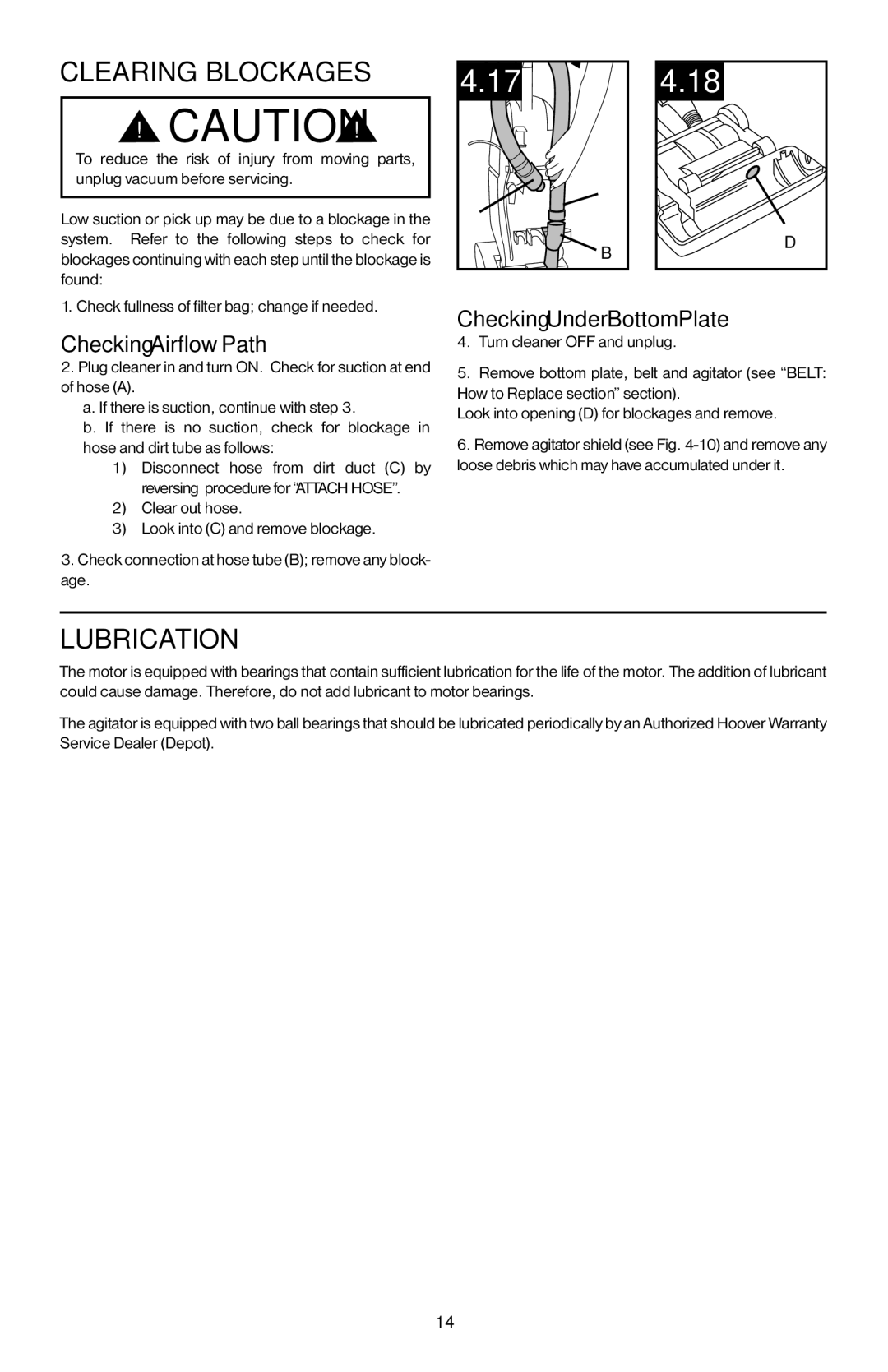 Hoover 56511A46 manual Clearing blockages, Lubrication, Checking Airflow Path, Checking Under Bottom Plate 