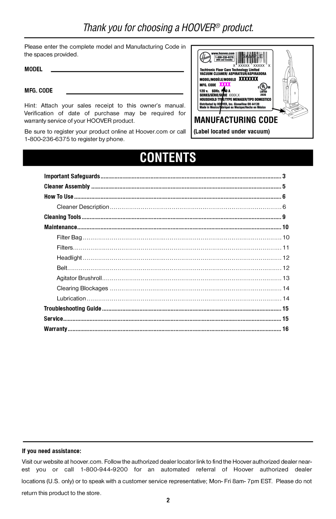 Hoover 56511A46 manual Contents 