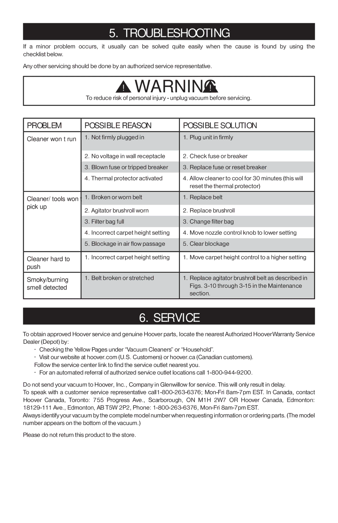 Hoover 56511A46 manual Troubleshooting, Service 