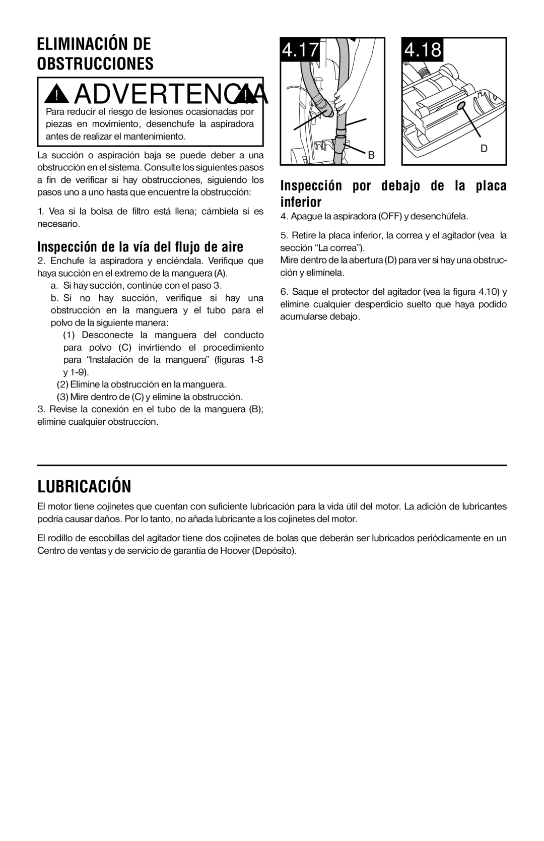 Hoover 56511A46 manual Eliminación de obstrucciones, Lubricación, Inspección de la vía del flujo de aire 