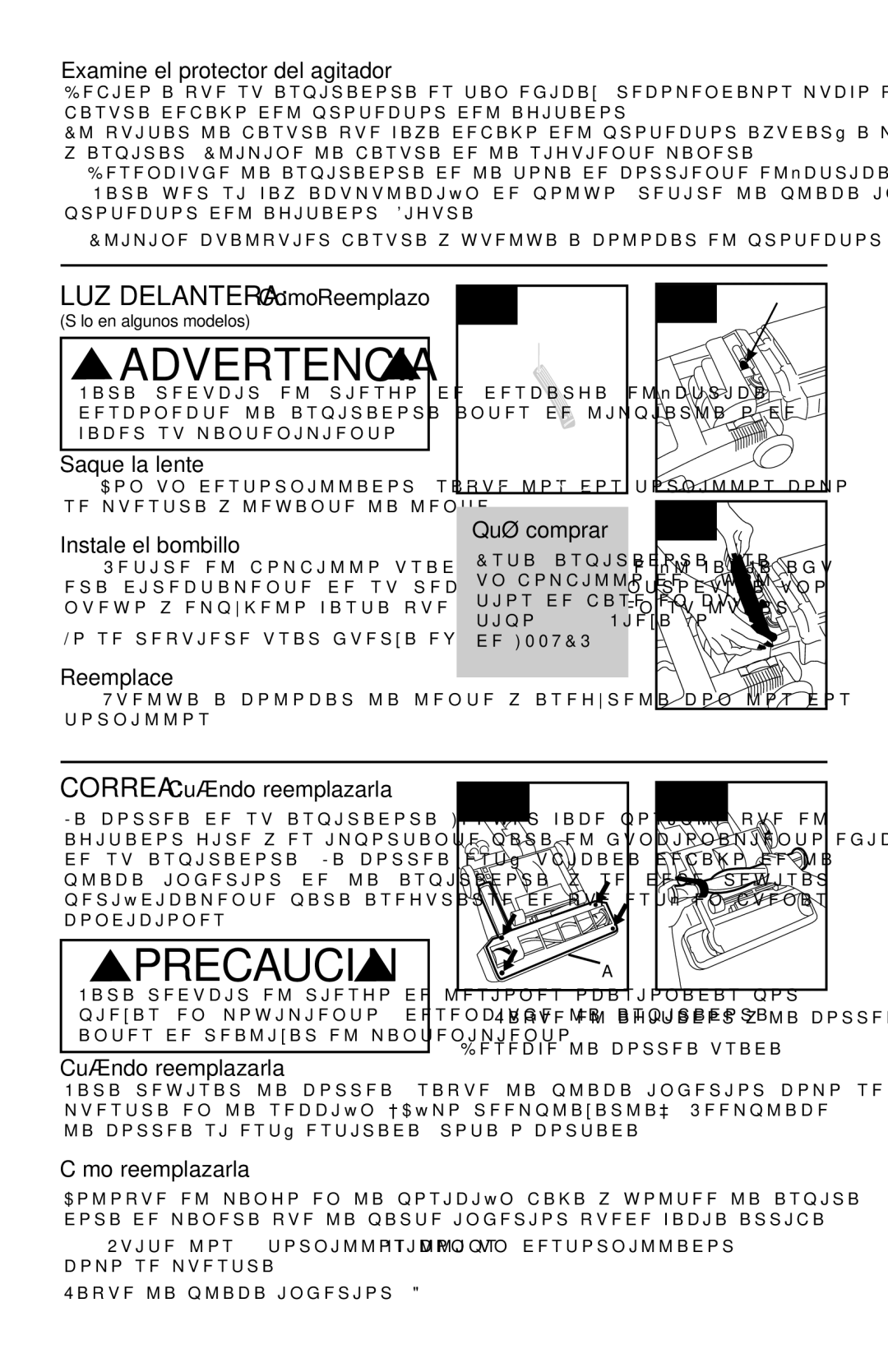 Hoover 56511A46 manual Precaución, Luz delantera Como Reemplazo 