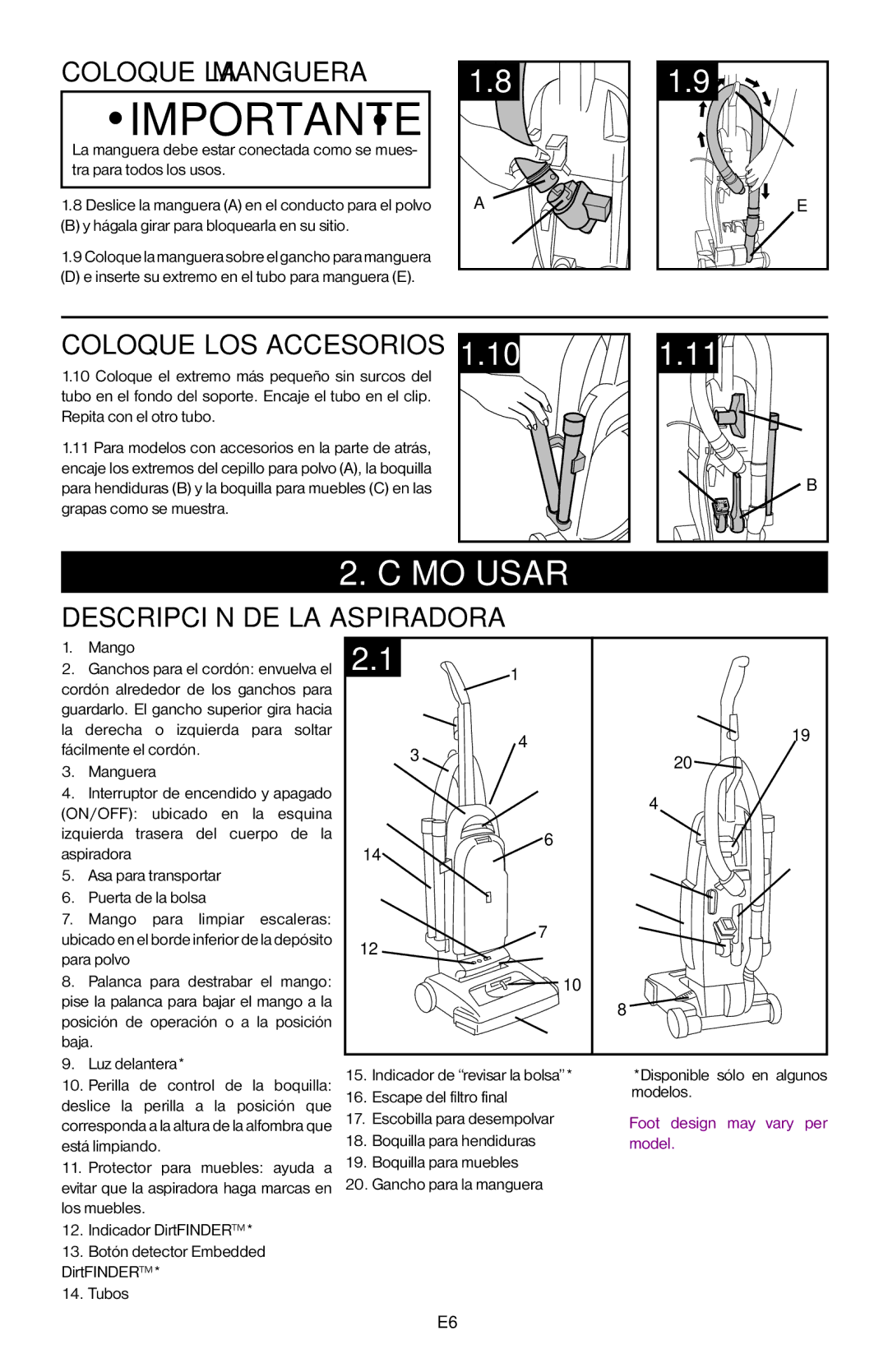 Hoover 56511A46 manual Cómo usar, Coloque la manguera, Coloque los accesorios, Descripción de la aspiradora 