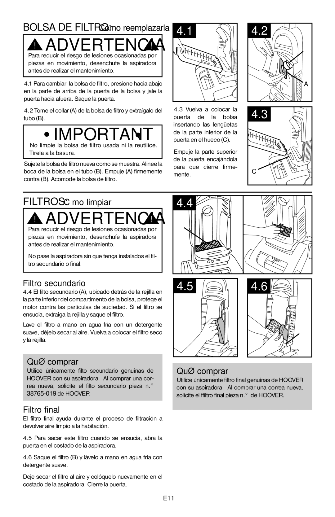 Hoover 56511A46 manual Filtros Cómo limpiar, Filtro secundario, E11 