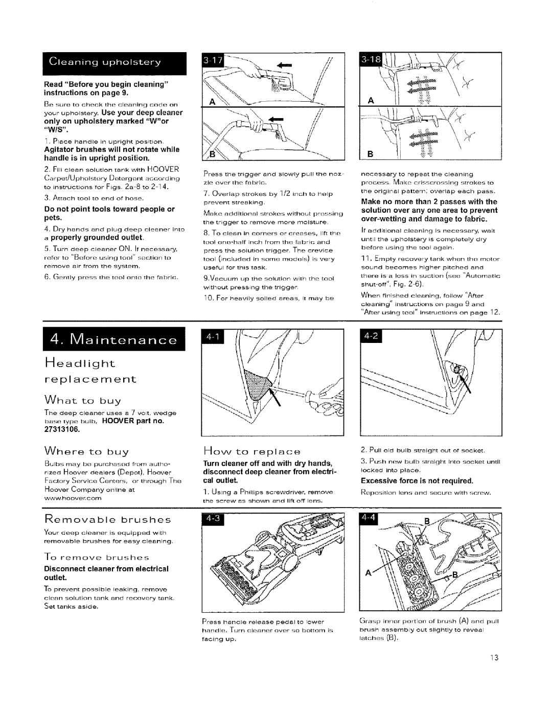 Hoover 56518114 manual Headlight Replacement, Removable brushes, Tche B 