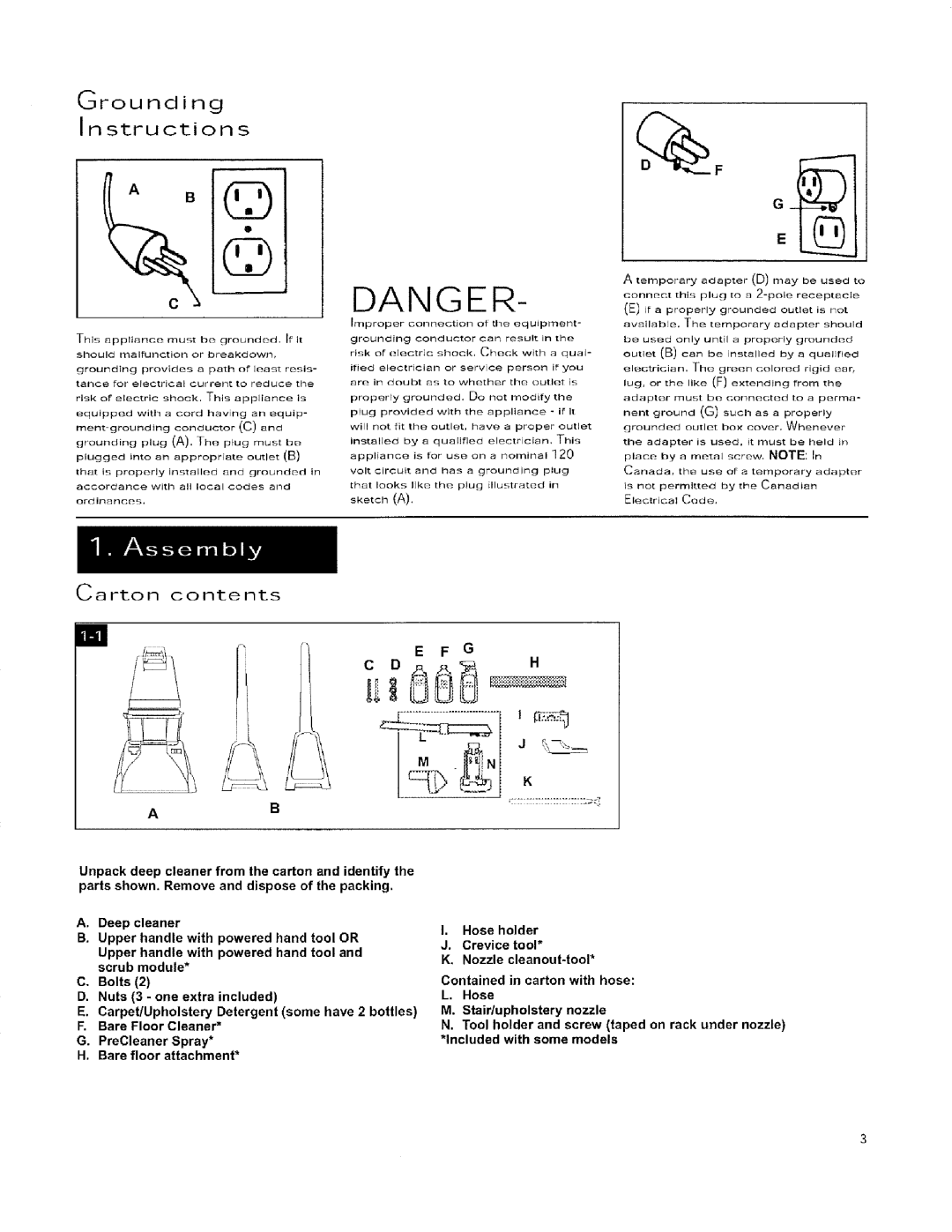 Hoover 56518114 manual Grounding Instructions, Carton contents 