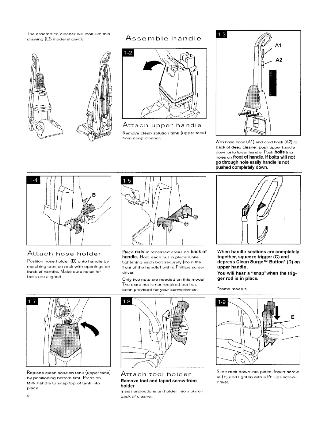 Hoover 56518114 manual Assemblehandle Attach upper handle, +thhose hook A1 and cord hook A2 to, Attach hose holder 