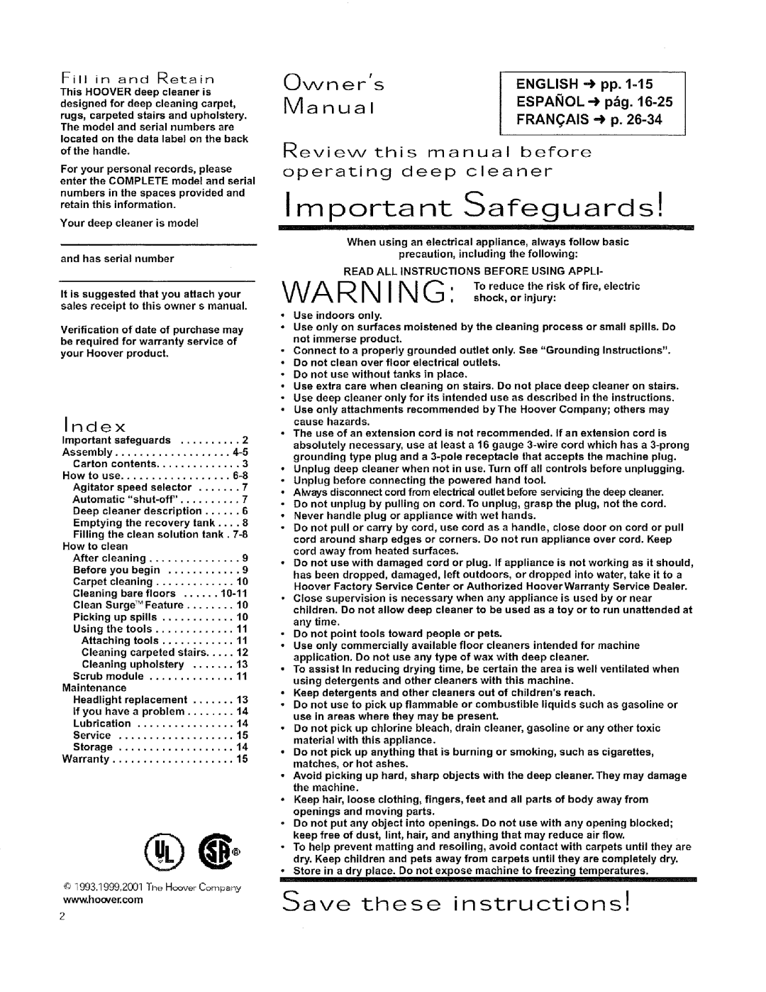 Hoover 56518114 Important Safeguards, Save these instructions, Manual, Index, Review, this, manual, before, operating 