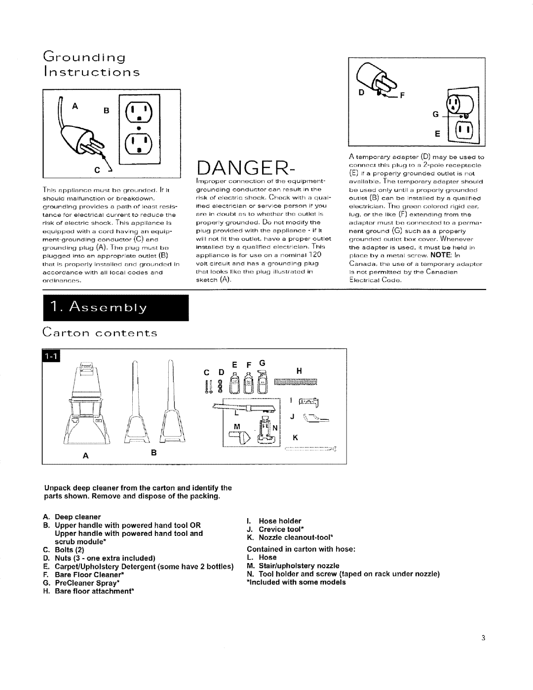 Hoover 56518114 manual Grounding Instructions, Carton contents, E F G C Dh, A. Deep cleaner, Danger, M .N J, an equip, ifit 