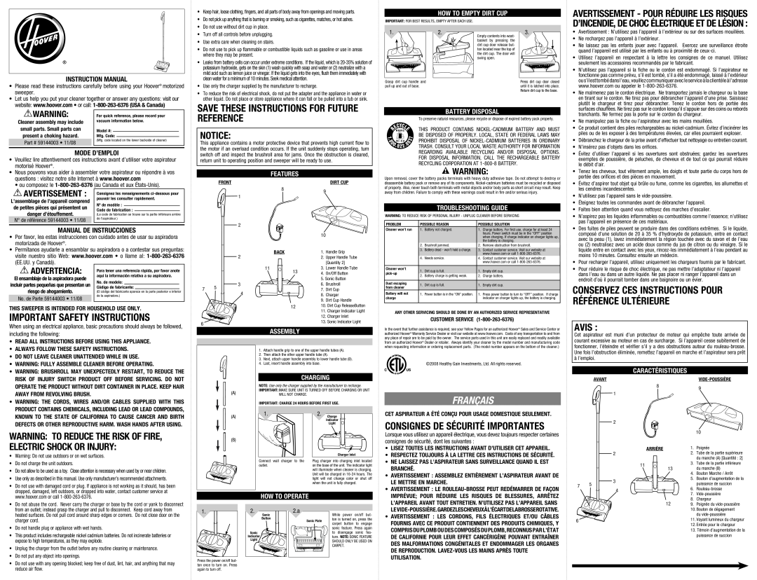 Hoover 59144003 important safety instructions Français, Avis, Consignes De Sécurité Importantes, Advertencia, Branché 