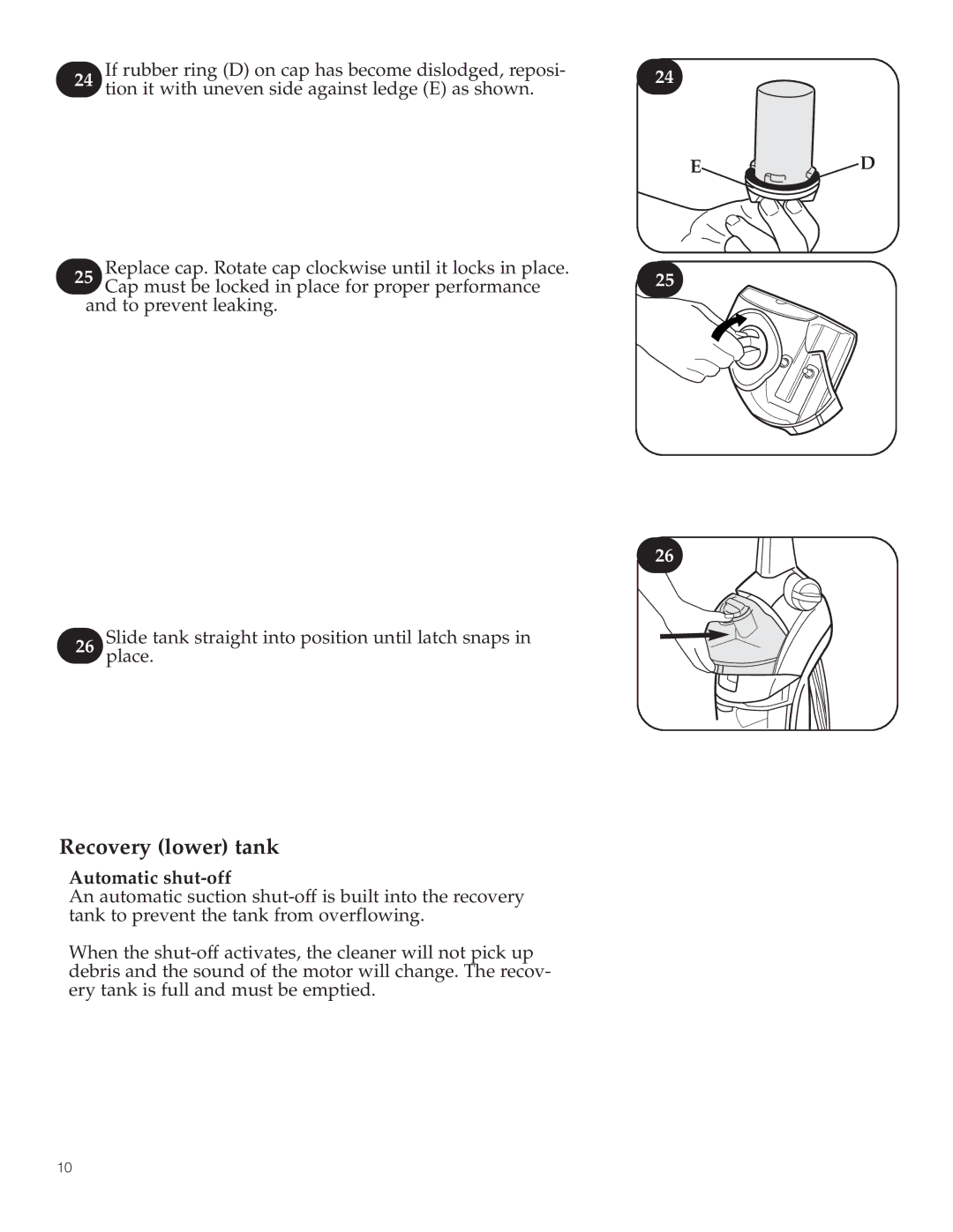 Hoover 800 manual Recovery lower tank, Automatic shut-off 