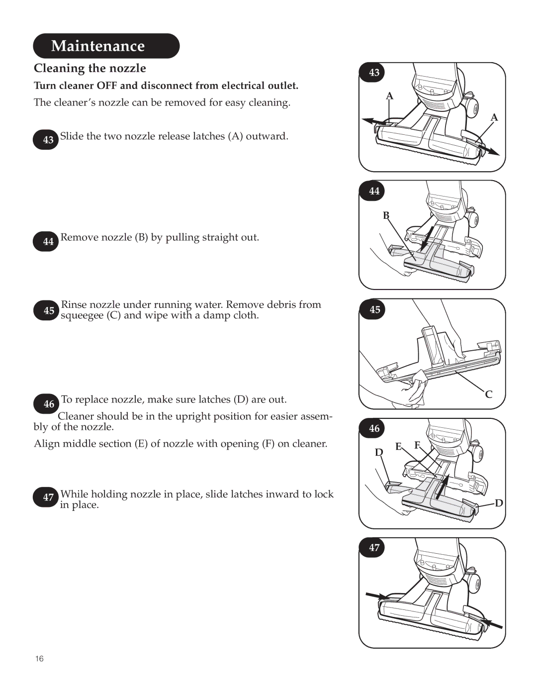 Hoover 800 manual Maintenance, Cleaning the nozzle 