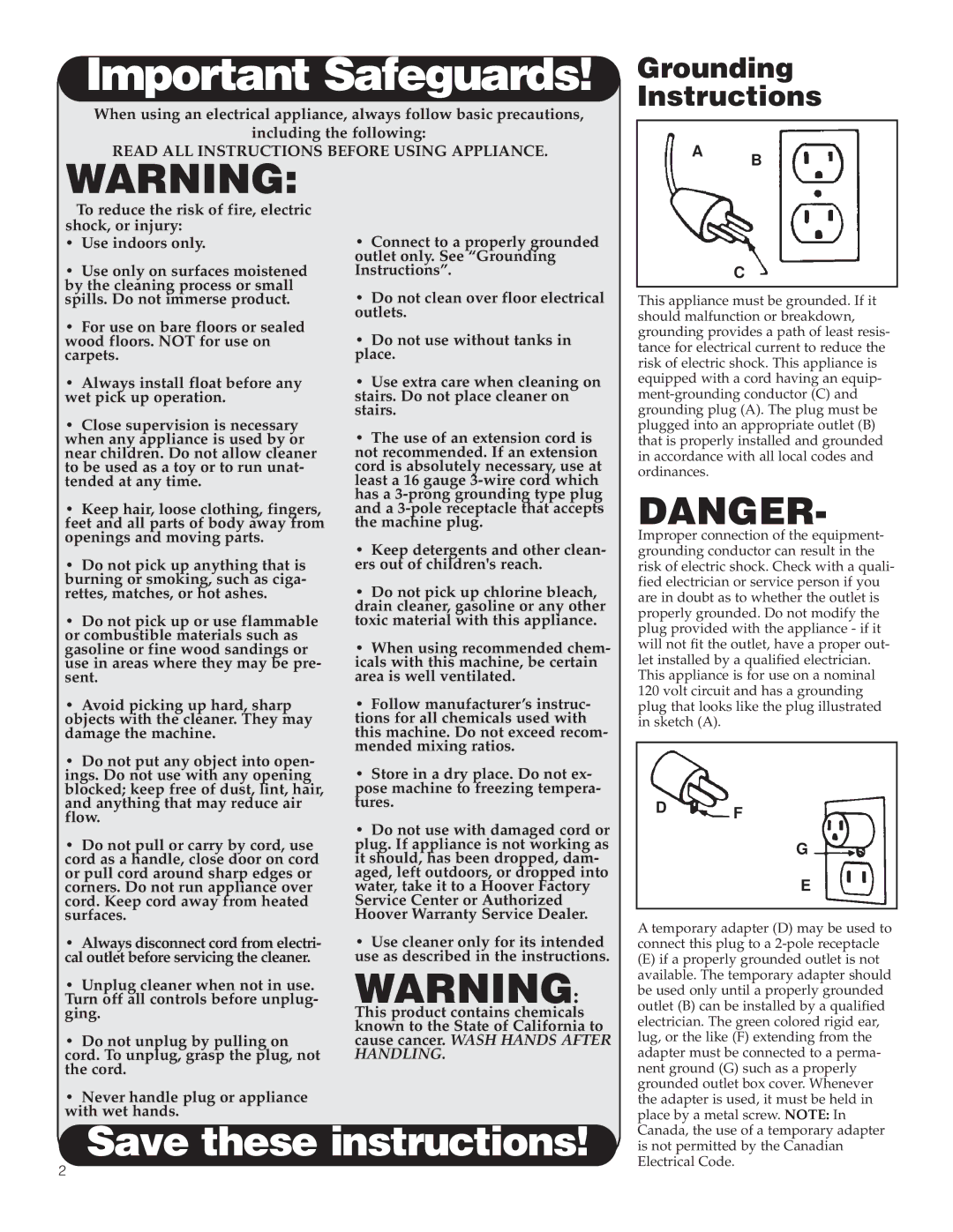 Hoover 800 manual Important Safeguards 