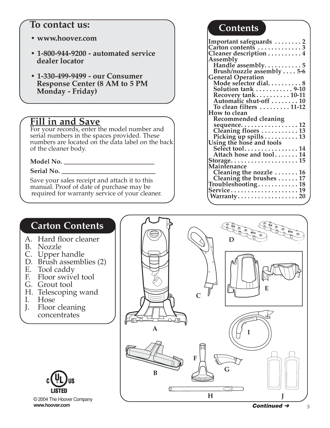 Hoover 800 manual Carton Contents 