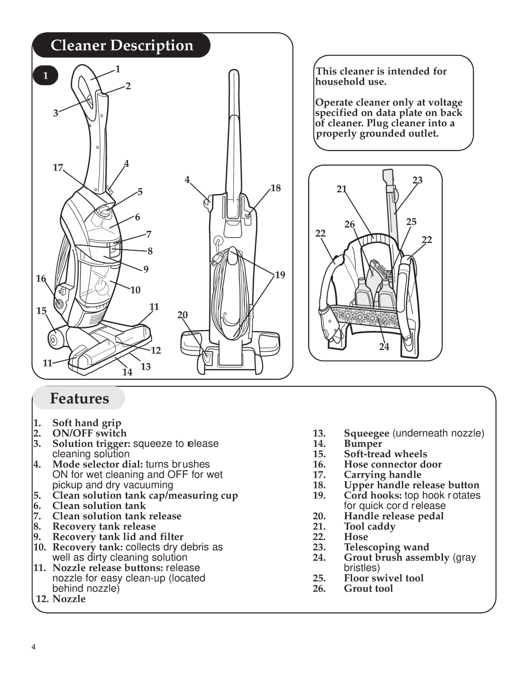 Hoover 800 manual Cleaner Description, This cleaner is intended for household use, Soft hand grip ON/OFF switch 