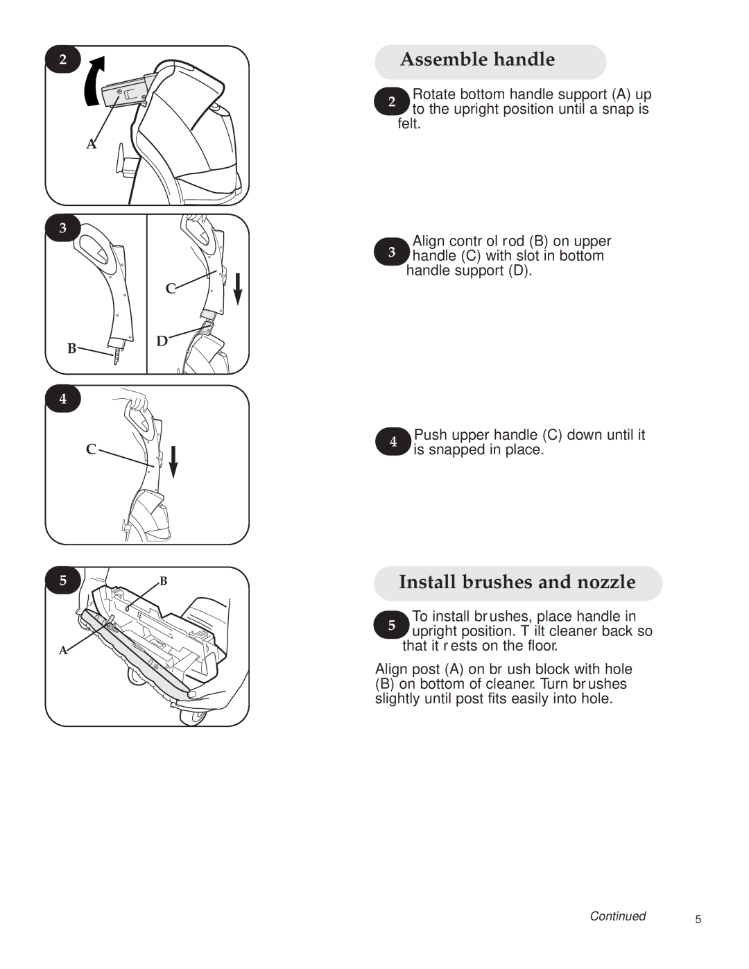 Hoover 800 manual Assemble handle, Install brushes and nozzle 