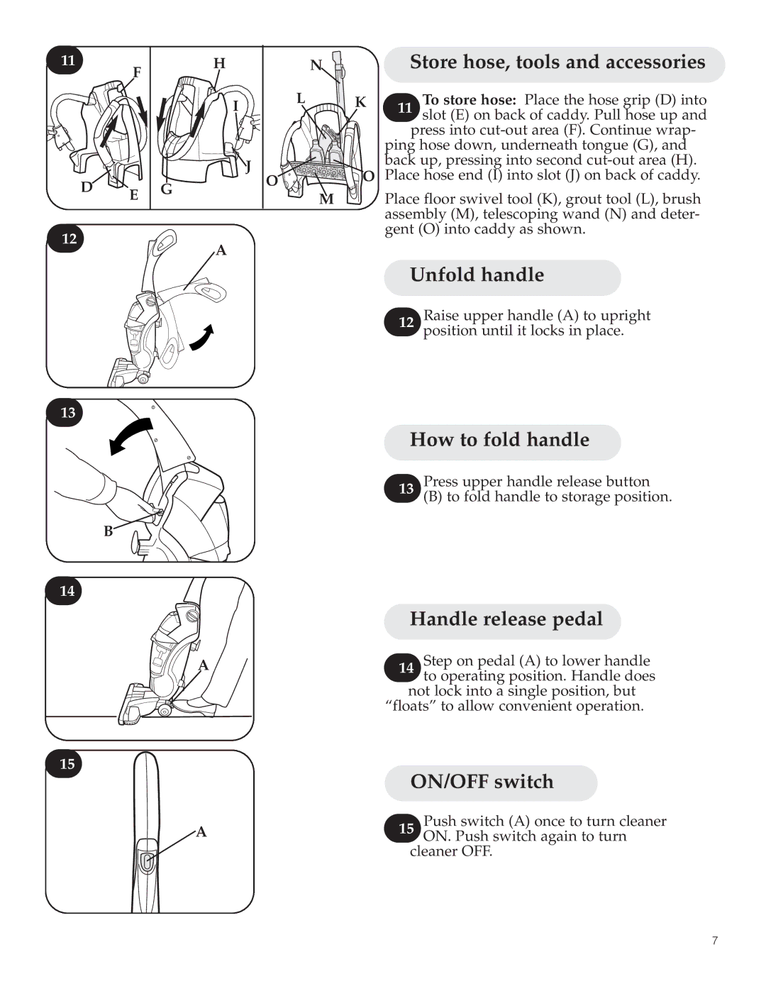 Hoover 800 manual Store hose, tools and accessories, Unfold handle, How to fold handle, Handle release pedal, ON/OFF switch 