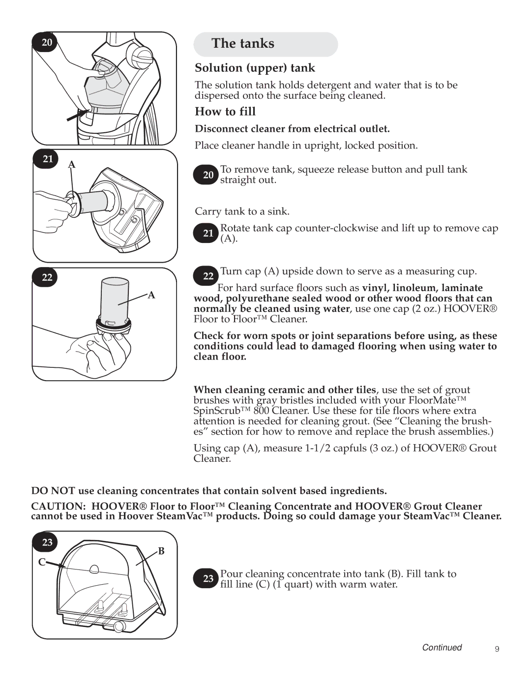 Hoover 800 manual Tanks, Solution upper tank, How to fill, 21 a, Disconnect cleaner from electrical outlet 