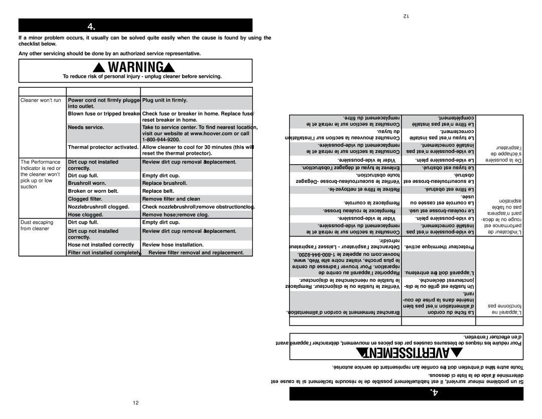 Hoover #960009657 owner manual Troubleshooting 