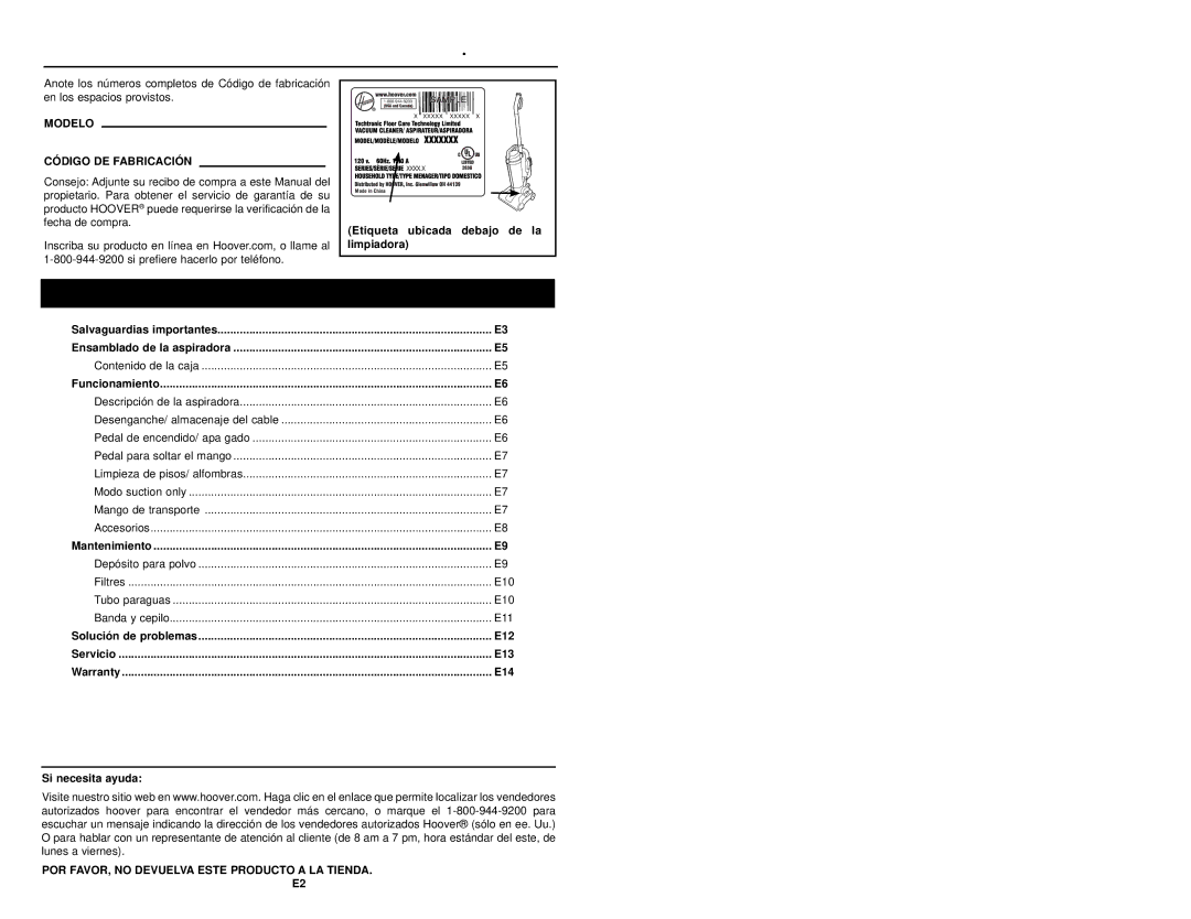 Hoover #960009657 owner manual Índice, Código de fabricación 