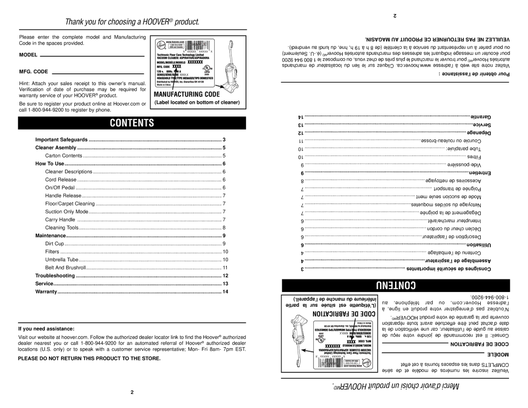 Hoover #960009657 owner manual Contents, NtenuCo 