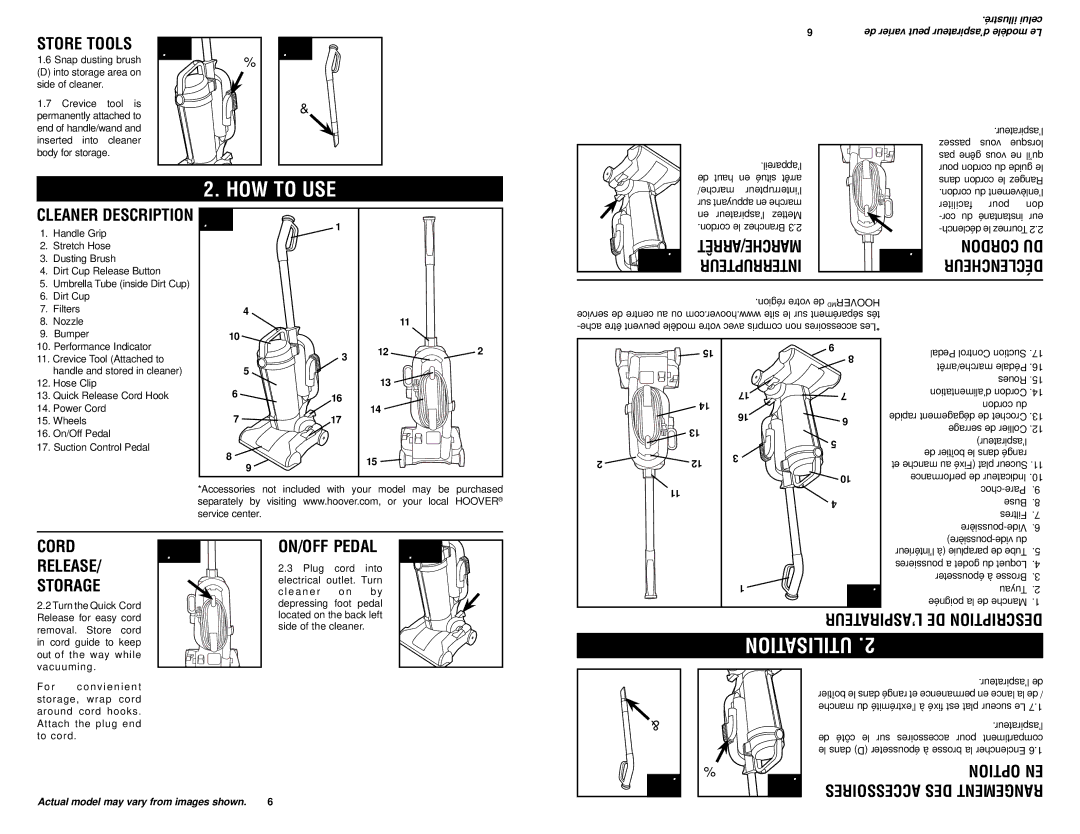 Hoover #960009657 owner manual HOW to USE, Store tools, Cleaner Description, Déclencheur, On/Off Pedal 