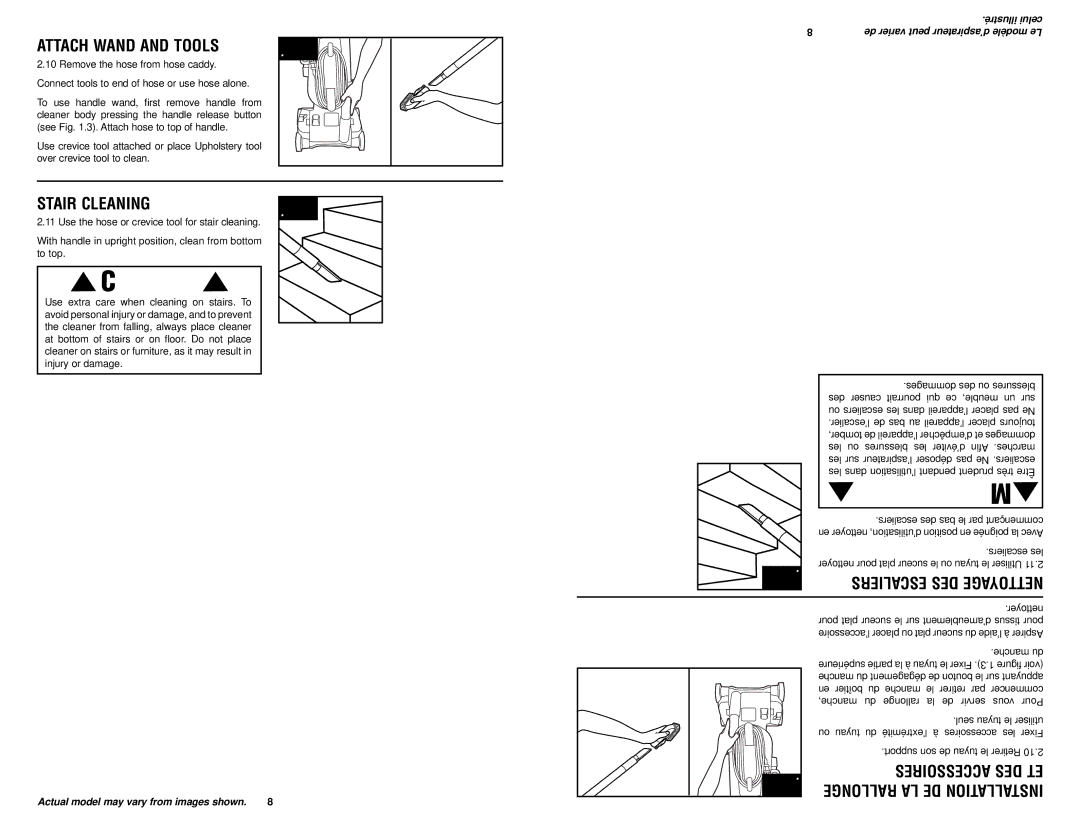 Hoover #960009657 owner manual Attach wand and tools, Stair Cleaning, Des et, NstallatirallI a, Es desag e 