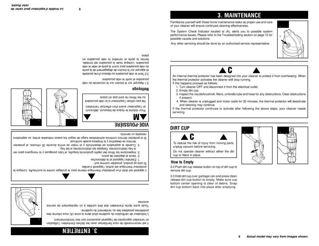 Hoover #960009657 owner manual Maintenance, NtretienE.3, Vide ussio, How to Empty 