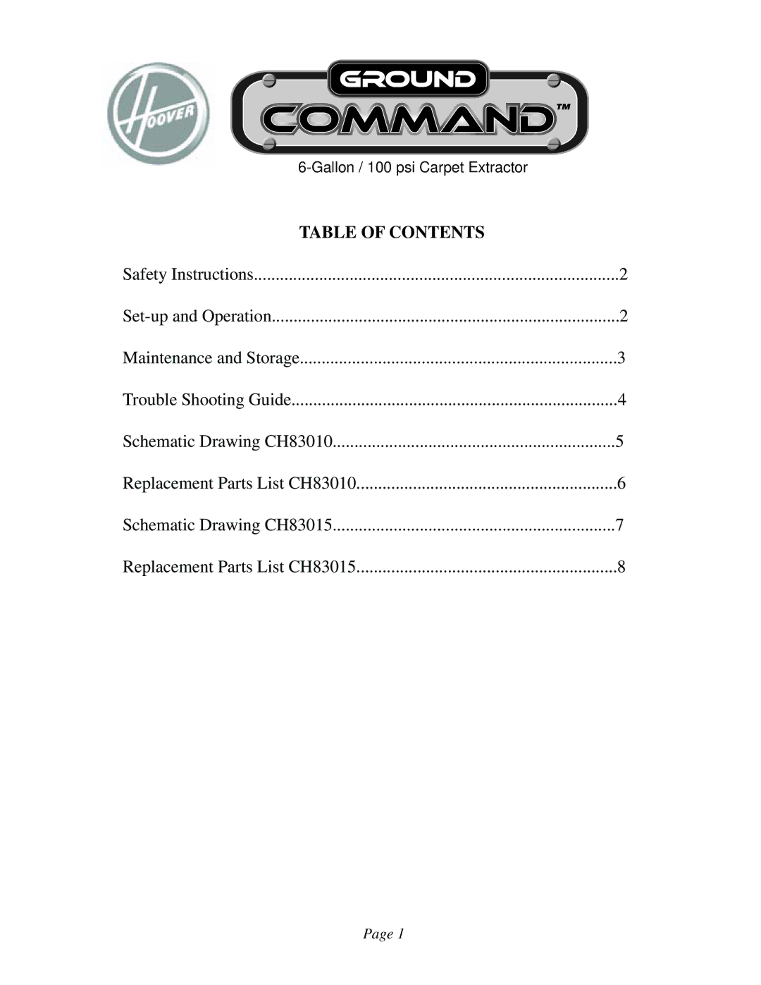 Hoover 961130016 manual Table of Contents 