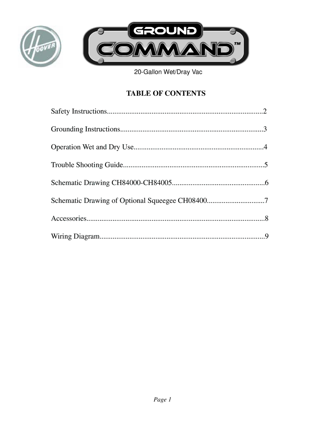 Hoover 961130020 manual Table of Contents 