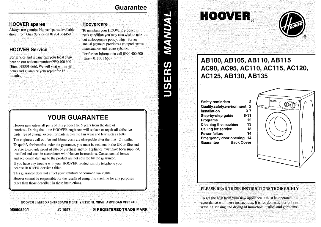 Hoover AC125, AC110, AC90, AC95, AC115, AB105, AB115, AB110, AB135, AC120, AB100 manual 