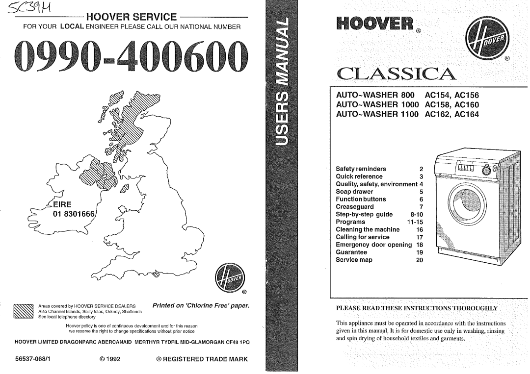 Hoover AC162, AC164, AC158, AC156, AC154, AC160 manual 