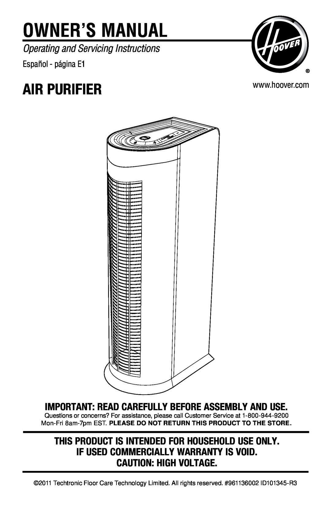 Hoover Air Cleaner owner manual Air Purifier, Operating and Servicing Instructions, If Used Commercially Warranty Is Void 