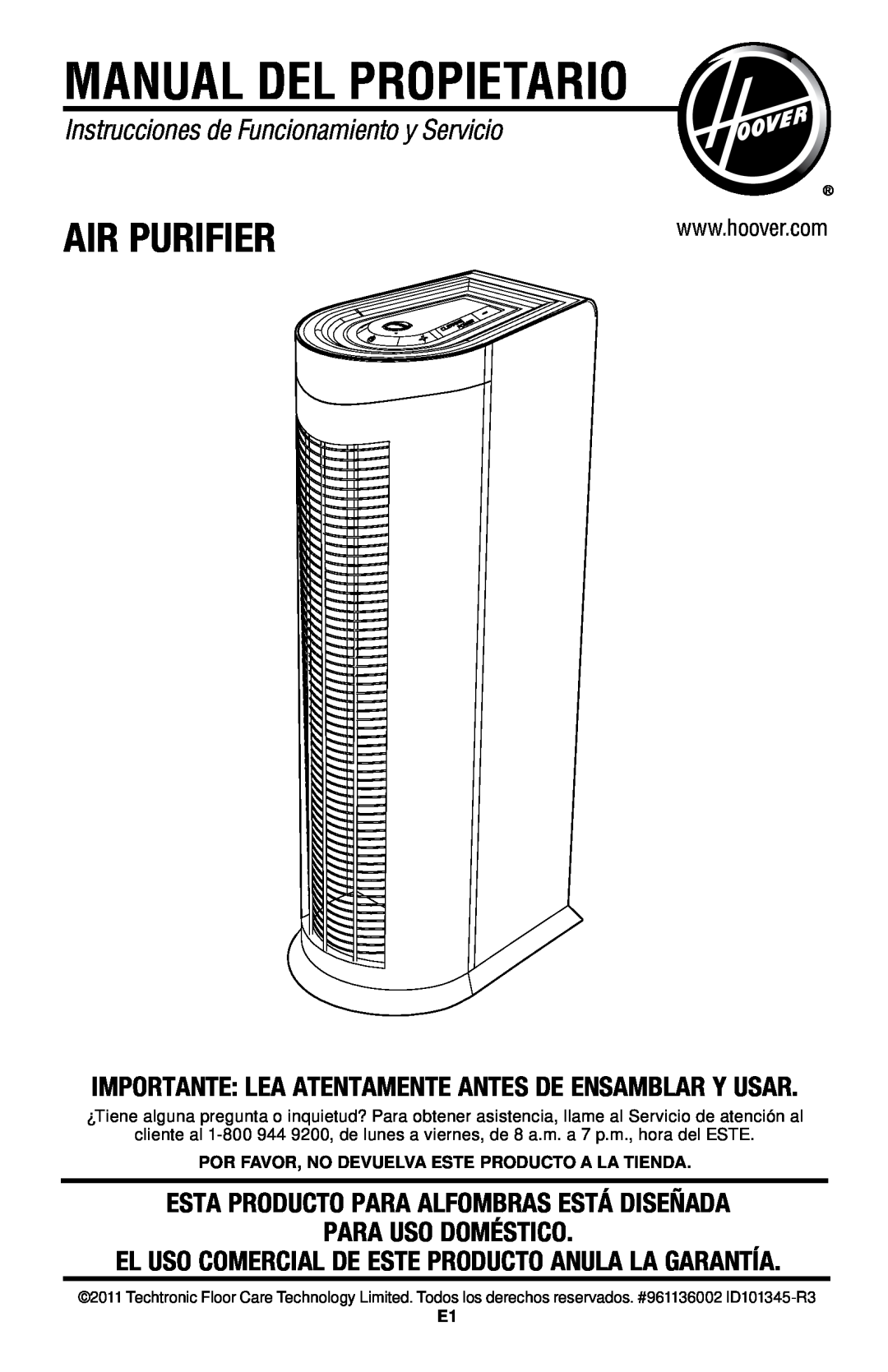Hoover Air Cleaner Manual Del Propietario, Instrucciones de Funcionamiento y Servicio, Para Uso Doméstico, Air Purifier 