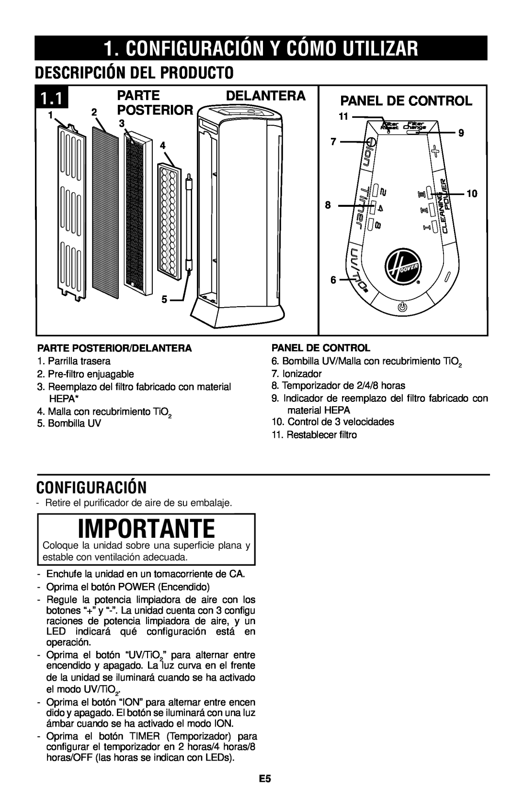 Hoover Air Cleaner Importante, Configuración Y Cómo Utilizar, Descripción Del Producto, Parte, Delantera, Panel De Control 